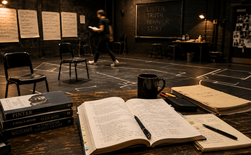 Dimly lit black box theatre rehearsal room with scripts, rehearsal notes, spike tape, and dramatic literature used for acting, directing, and performance theory study