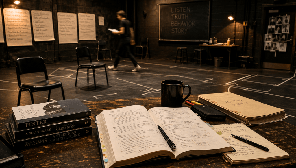 Dimly lit black box theatre rehearsal room with scripts, rehearsal notes, spike tape, and dramatic literature used for acting, directing, and performance theory study