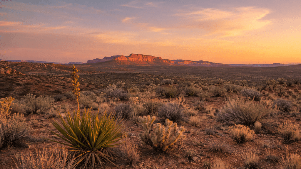 Soft golden-hour view of a Southwestern desert landscape with desert plants, distant mesas and a warm evening sky.