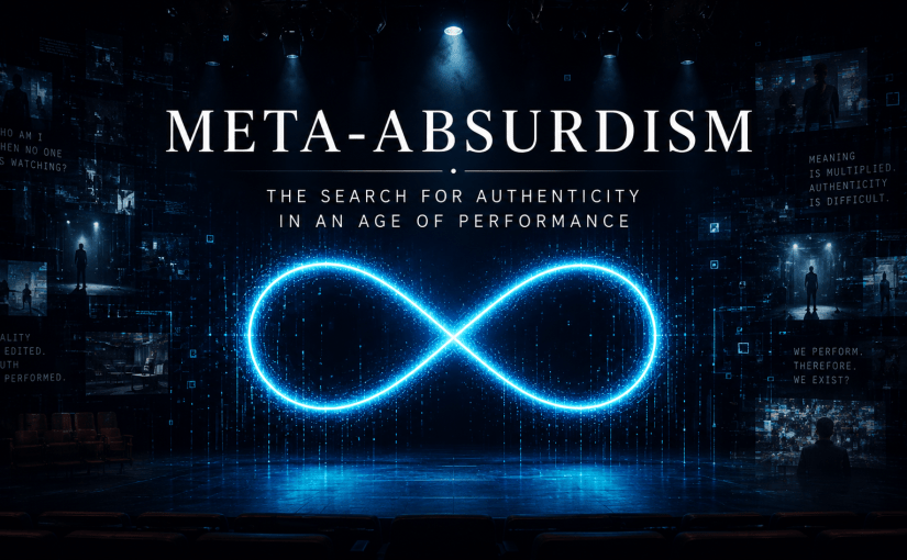 Meta-Absurdism visualized as a glowing infinity symbol on a theatrical stage, representing authenticity, identity, performance, and digital culture in contemporary theatre.