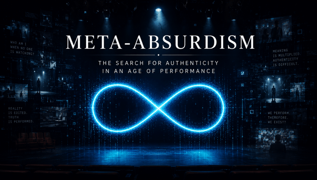 Meta-Absurdism visualized as a glowing infinity symbol on a theatrical stage, representing authenticity, identity, performance, and digital culture in contemporary theatre.