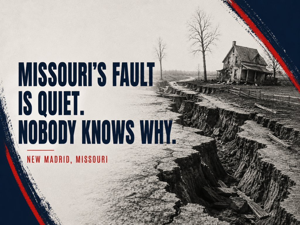Historic-style image of earthquake damage along Missouri's New Madrid Fault with the title Missouri's Fault Is Quiet. Nobody Knows Why.