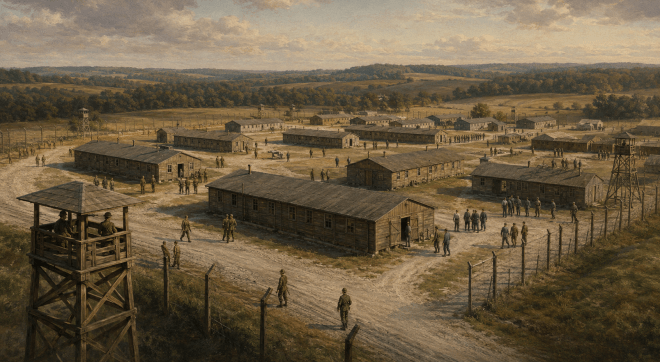 Historical reconstruction of Camp Weingarten, showing wooden barracks, guard towers, fencing, and prisoners across rural Missouri farmland during World War II.