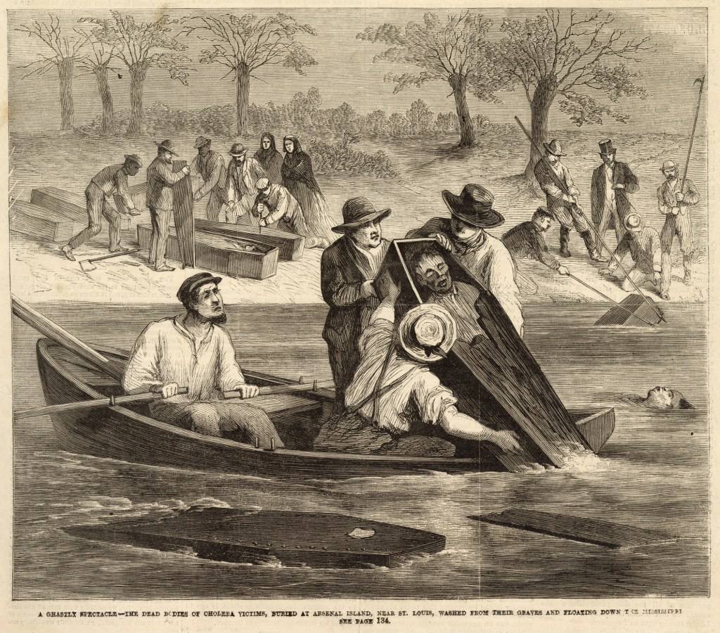 1868 newspaper engraving showing men in rowboats recovering coffins and bodies from the Mississippi River after erosion opened graves on Arsenal Island near St. Louis.