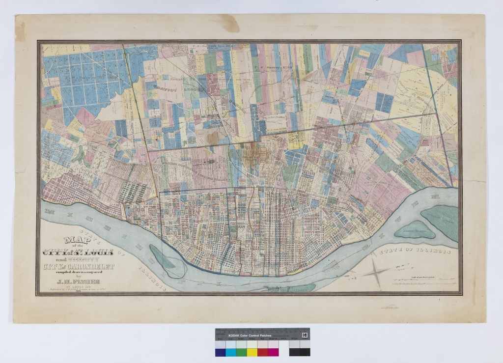 1865 map of St. Louis and the Mississippi River showing Arsenal Island south of the city, opposite the U.S. Arsenal.