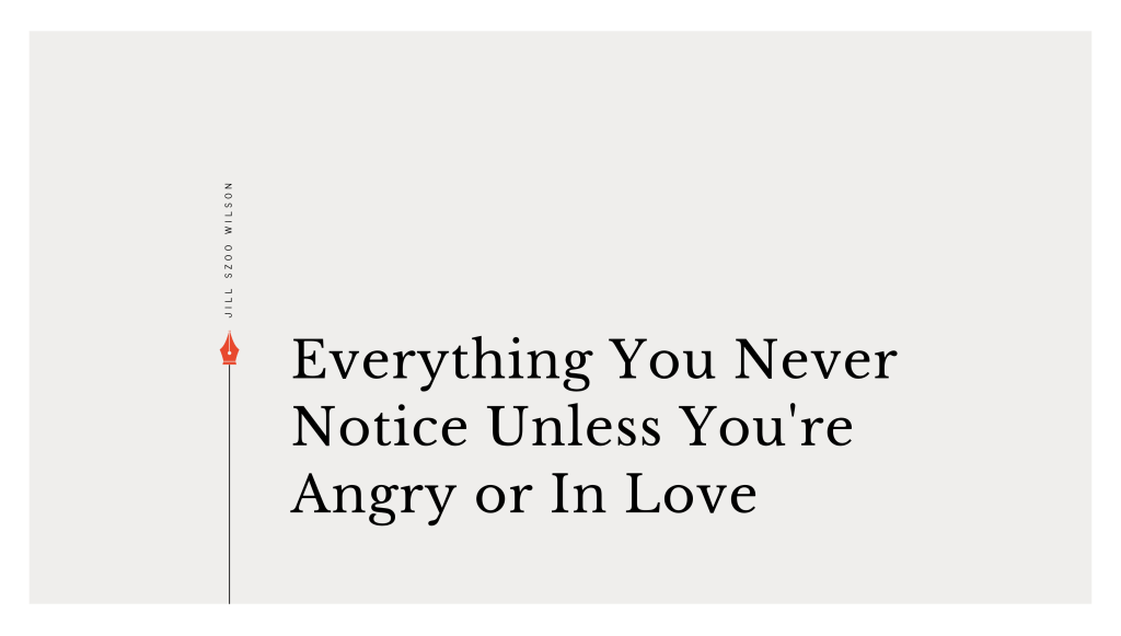 Graphic for “Everything You Never Notice Unless You’re Angry or In Love,” a theatre essay by Jill Szoo Wilson about directing, human behavior and physical life onstage.