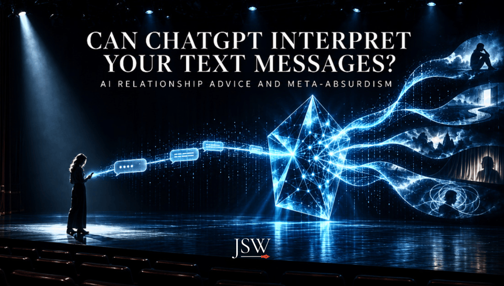 A woman’s text messages pass through a glowing AI prism and emerge as competing narratives, illustrating Meta-Absurdism and AI relationship advice.