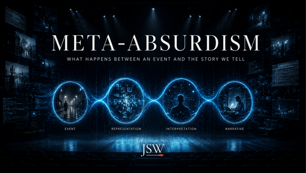 Meta-Absurdism graphic showing the sequence from event to representation, interpretation and narrative in a digital theatre.