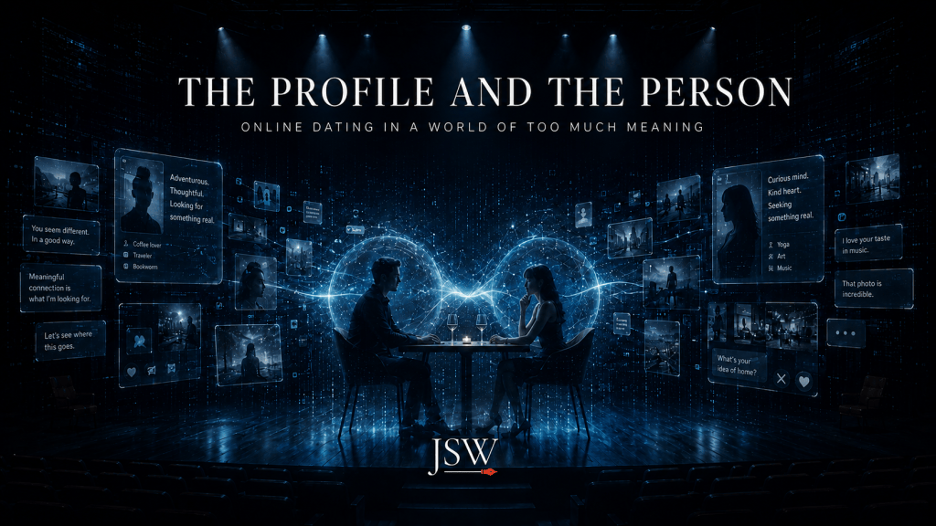 Featured image for “The Profile and the Person,” showing two people on a date surrounded by digital profiles, messages and representations.