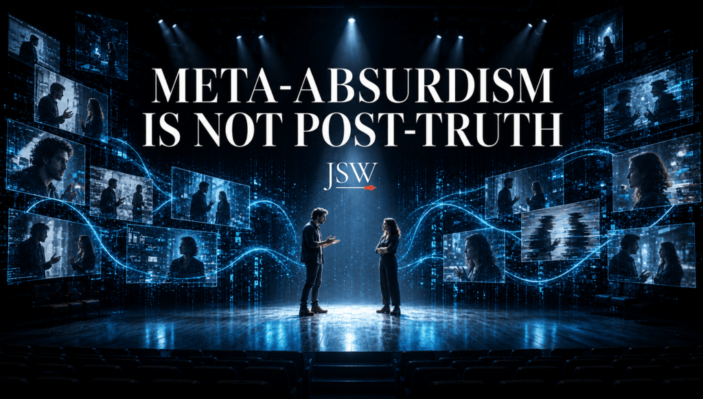 Two actors face each other on a dark stage under a spotlight, surrounded by glowing screens showing other versions of the same scene. Title text reads “Meta-Absurdism Is Not Post-Truth.”
